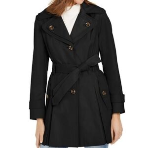 NEW! LONDON FOG Black Double Lapel Belted Trench Coat Removeable Hood XS.